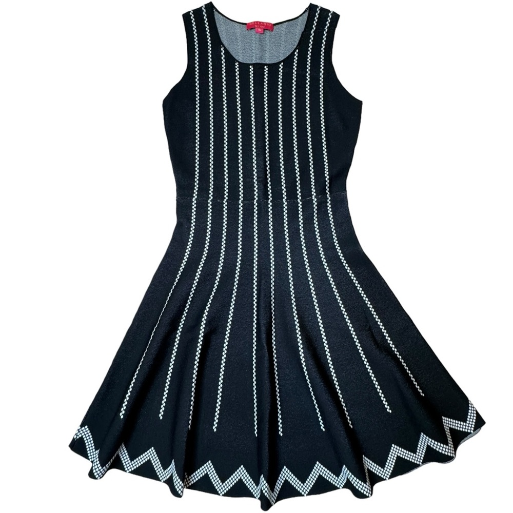 Ballario New York Sleeveless Striped Black Dress w/ Chevron Along Hem Sz 10 EUC